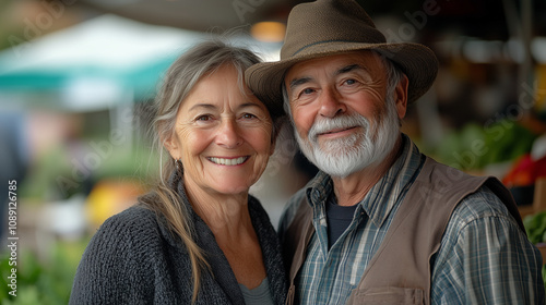 Elderly couple smiling together at a farmers market during a sunny day in the fall season. Generative AI