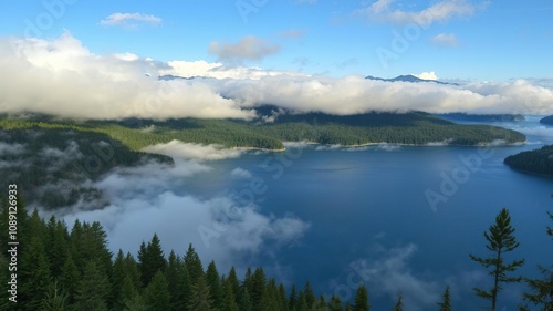 Cloudy forest with a large lake in the background, surrounded by mountains and dense foliage, lakeside scenery, landscape photography