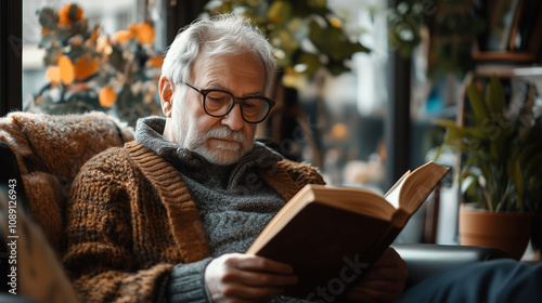 Elderly man reading a book in a cozy setting surrounded by plants and natural light during the afternoon. Generative AI