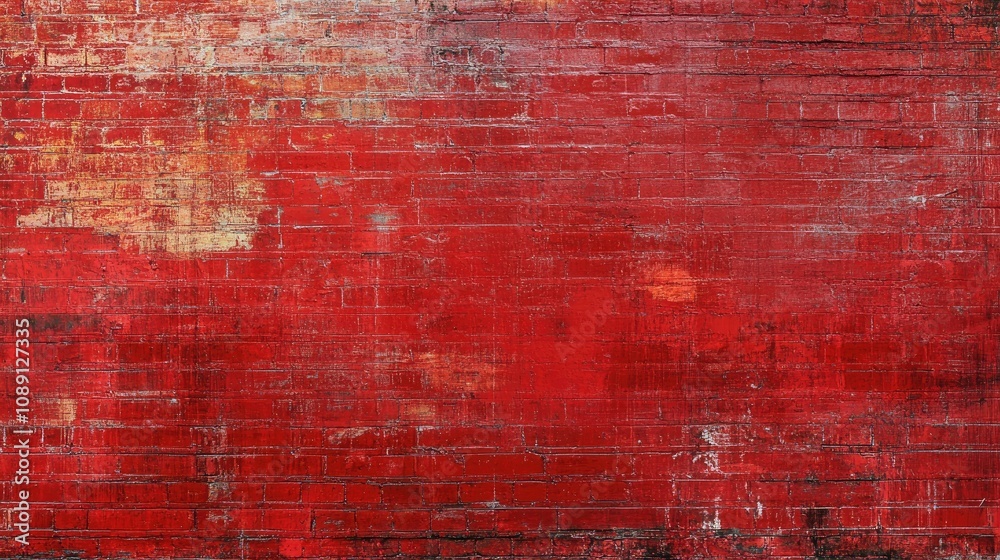 Obraz premium Textured red brick wall with faded and distressed patches, ideal for background design in a panoramic layout.