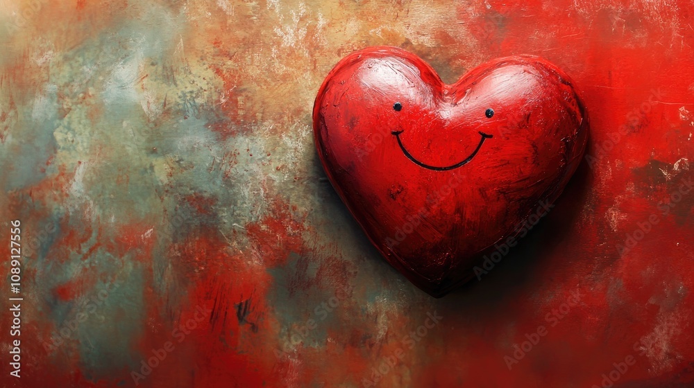Smiling heart illustration against a vibrant, colorful backdrop with ample space, ideal for a Valentine's Day greeting card design. Smiling heart illustration against a vibrant, colorful backdrop with ample space, ideal for a Valentine's Day greeting card design.