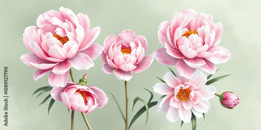 Naklejka premium Watercolor peony flowers in shades of pink and white against a muted green background, pink flowers, organic
