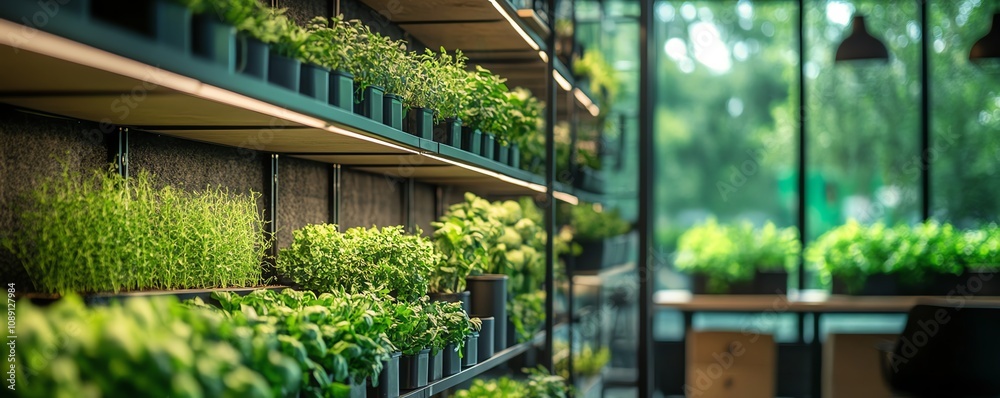 Vertical farm inside office with shelves of green vegetables and herbs, sustainable indoor farming, modern office design, ecofriendly plant growth Vertical farm inside office with shelves of green vegetables and herbs, sustainable indoor farming, modern office design, ecofriendly plant growth