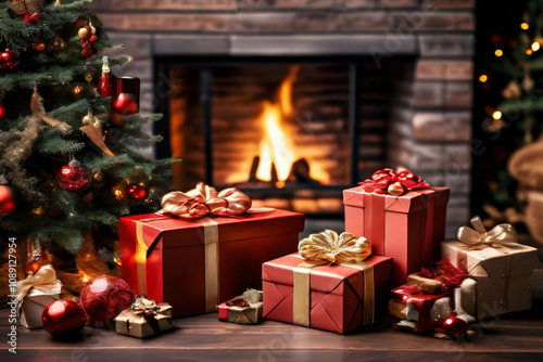 Weihnachtsgeschenke vor Kamin Box mit Schleifen und Weihnachtsdekoration