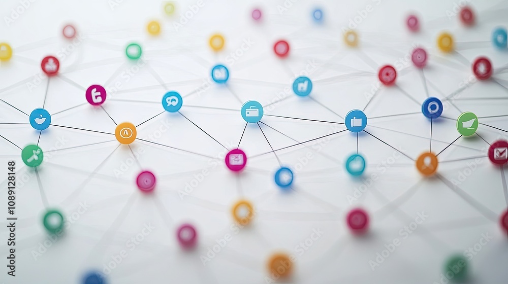 Top view of a social media network diagram in flat design, colorful icons connected with dotted lines on a clean white canvas Top view of a social media network diagram in flat design, colorful icons connected with dotted lines on a clean white canvas