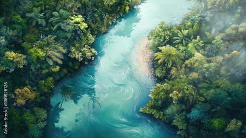 Aerial perspective of a meandering river surrounded by dense, vibrant tropical rainforest vegetation and serene waters reflecting the lush landscape.