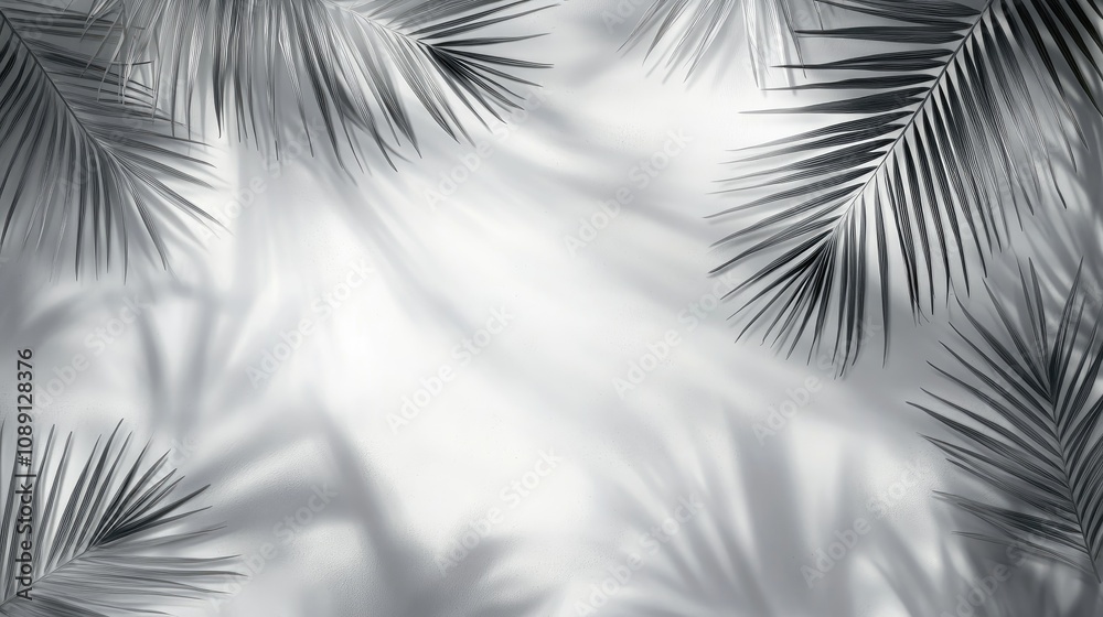 Fototapeta premium Palm leaf shadows intricately overlay a white wall, creating a serene, abstract blurred background with soft, dappled light effects in neutral tones.