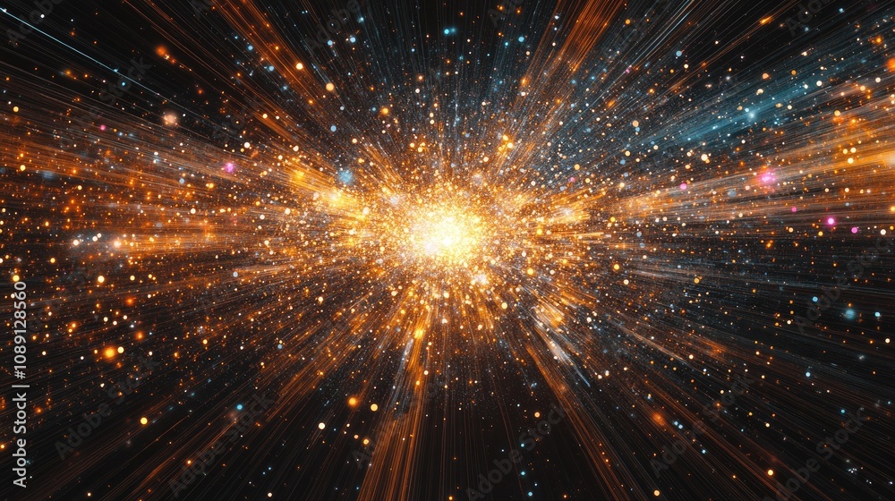 Radiant cosmic explosion with vibrant particles and light beams representing the concept of dynamic and accessible open data in a digital universe. Radiant cosmic explosion with vibrant particles and light beams representing the concept of dynamic and accessible open data in a digital universe.