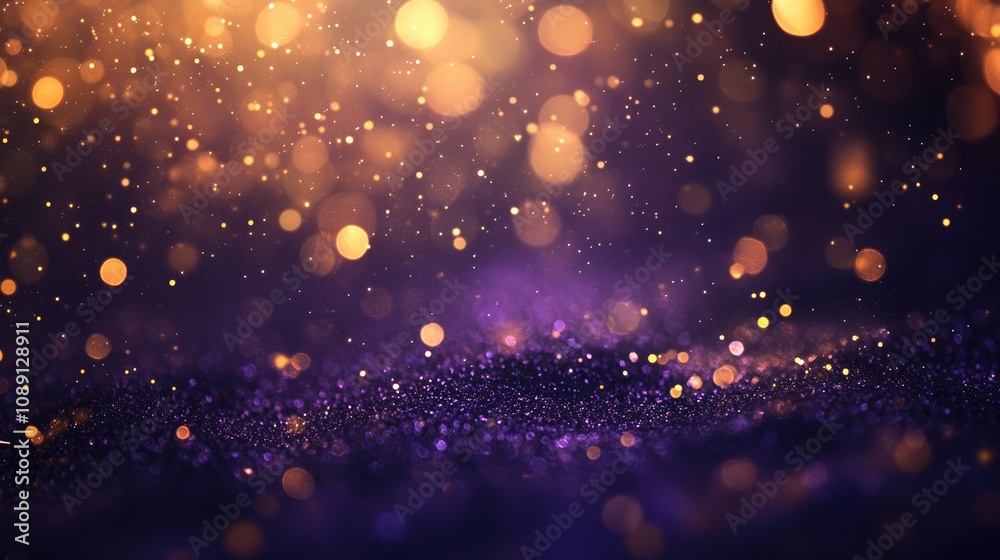 Lavish gold and dark violet fireworks shimmer in a bokeh effect, forming an enchanting abstract holiday backdrop with rich textures and ample copy space. Lavish gold and dark violet fireworks shimmer in a bokeh effect, forming an enchanting abstract holiday backdrop with rich textures and ample copy space.