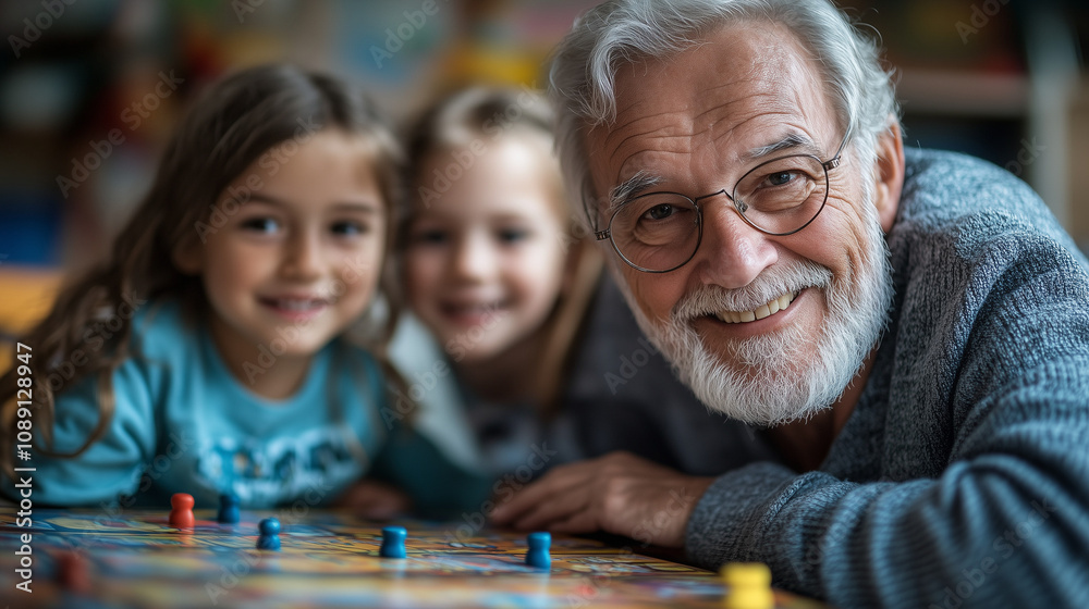 Grandfather enjoys game night with grandchildren in cozy indoor setting filled with joy and laughter. Generative AI Grandfather enjoys game night with grandchildren in cozy indoor setting filled with joy and laughter. Generative AI