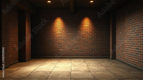 Cozy atmosphere in a dimly lit room featuring a brick wall and polished tile flooring  dim  lit