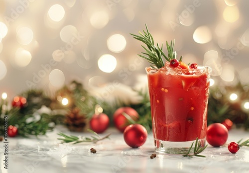 A glass of red drink with a sprig of rosemary on top. The drink is surrounded by Christmas decorations, including a bunch of red balls. Scene is festive and celebratory