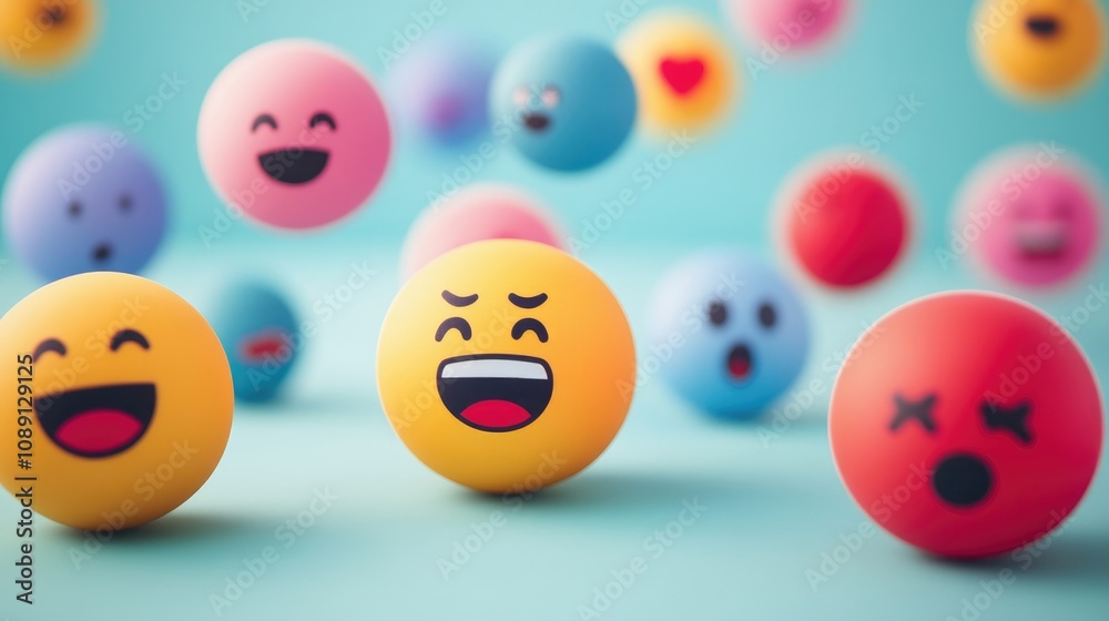Colorful emoticon balls representing diverse emotions against a soft blue background, illustrating various sentiments like happiness, sadness, and surprise. Colorful emoticon balls representing diverse emotions against a soft blue background, illustrating various sentiments like happiness, sadness, and surprise.