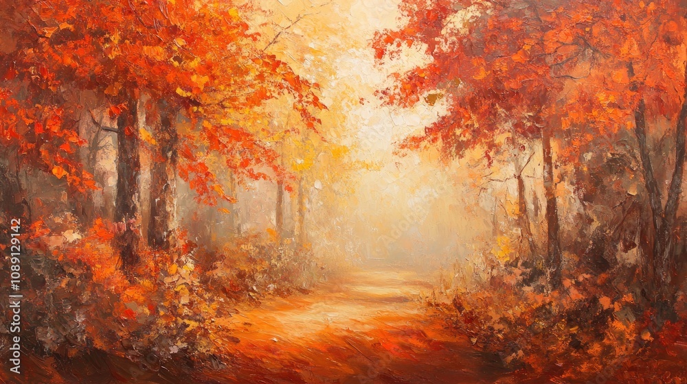 Fototapeta premium Autumn woodland scene with bright orange leaves and soft sunlight creating a warm and enchanting atmosphere along a rustic path.
