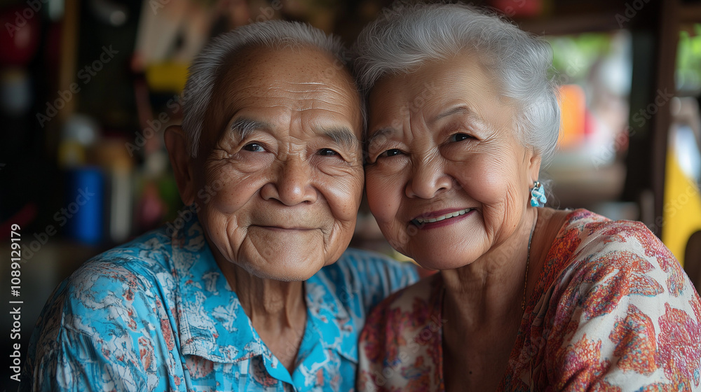 Elderly couple smiling warmly at each other in a cozy setting with vibrant colors and natural light. Generative AI Elderly couple smiling warmly at each other in a cozy setting with vibrant colors and natural light. Generative AI