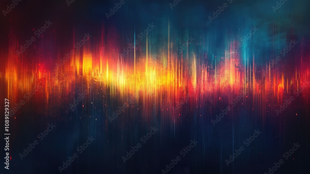 Abstract sound waves in vibrant hues of blue, red, and yellow creating a dynamic and technological atmosphere in a visually engaging background. Abstract sound waves in vibrant hues of blue, red, and yellow creating a dynamic and technological atmosphere in a visually engaging background.