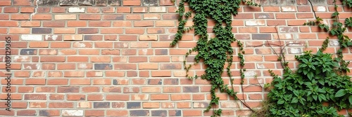 Crumbling brick wall with ivy and weeds, vegetation, natural elements, overgrown