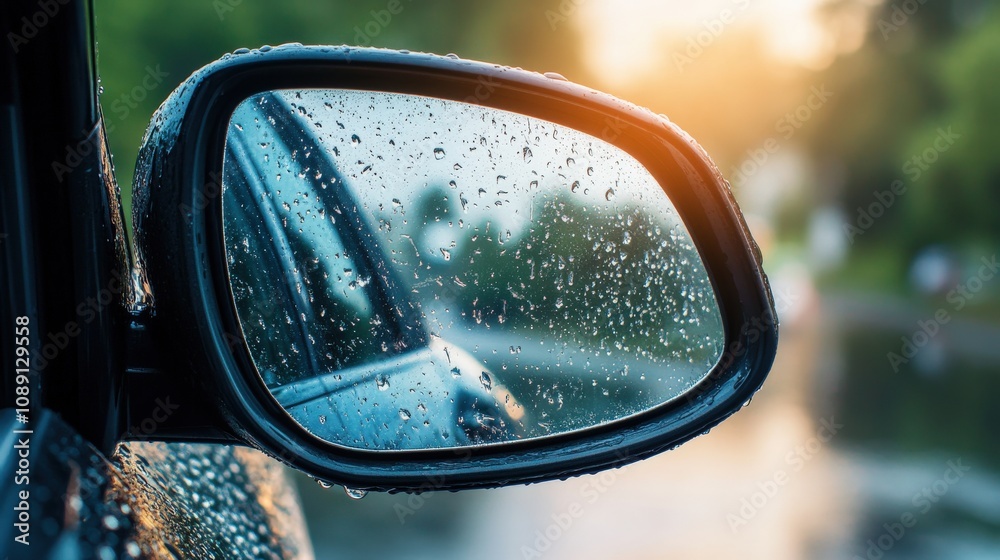 Raindrops on a Car's Side View Mirror Raindrops on a Car's Side View Mirror