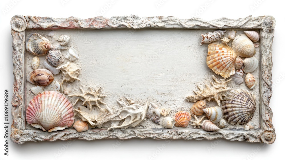 Obraz premium Weathered Nautical Frame Embellished with Seashells and Sand Texture on a Light Background, Exuding Coastal Charm and Beach Vibes