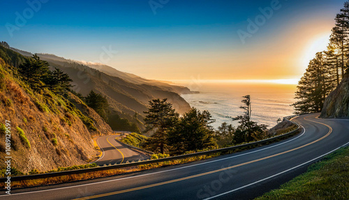 A road winding along the coast in the late afternoon sun with a view of the ocean