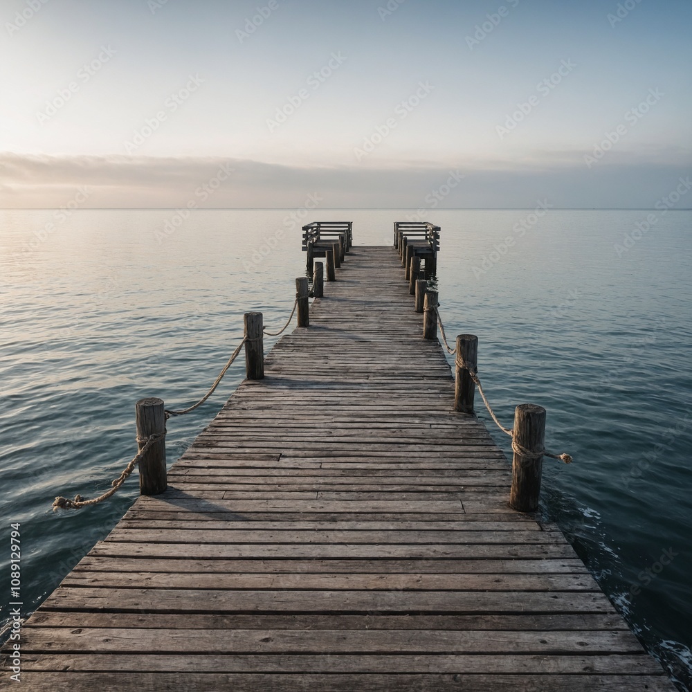 Obraz premium A peaceful wooden pier extending into the calm sea with a white gradient background.