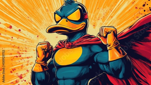 Heroic Duck Superhero in Vibrant Neo Pop Art Style with Dynamic Background and Bold Colorful Features photo