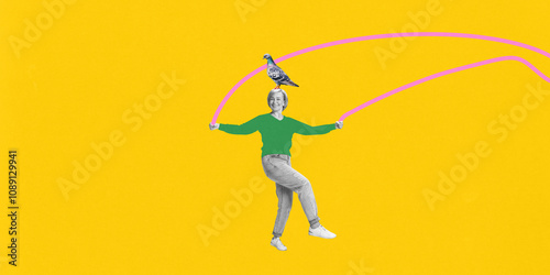 Playful elderly woman skipping rope with pigeon perched on her head, set against yellow background with pink rope lines. Contemporary art collage. Concept of elderly people, health, active lifestyle