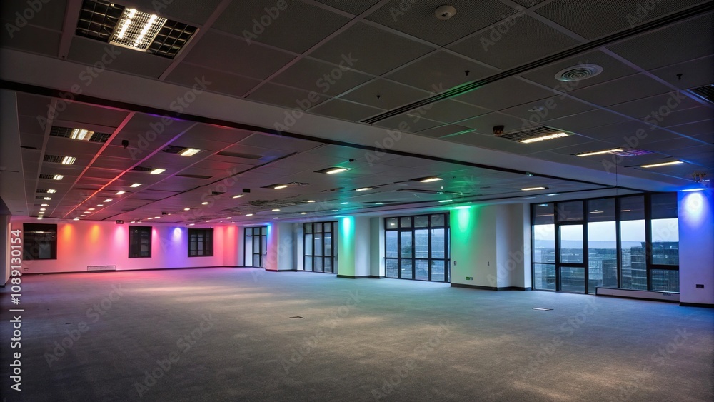 Obraz premium Dark and empty office space with colorful lighting, dark office, urban feel