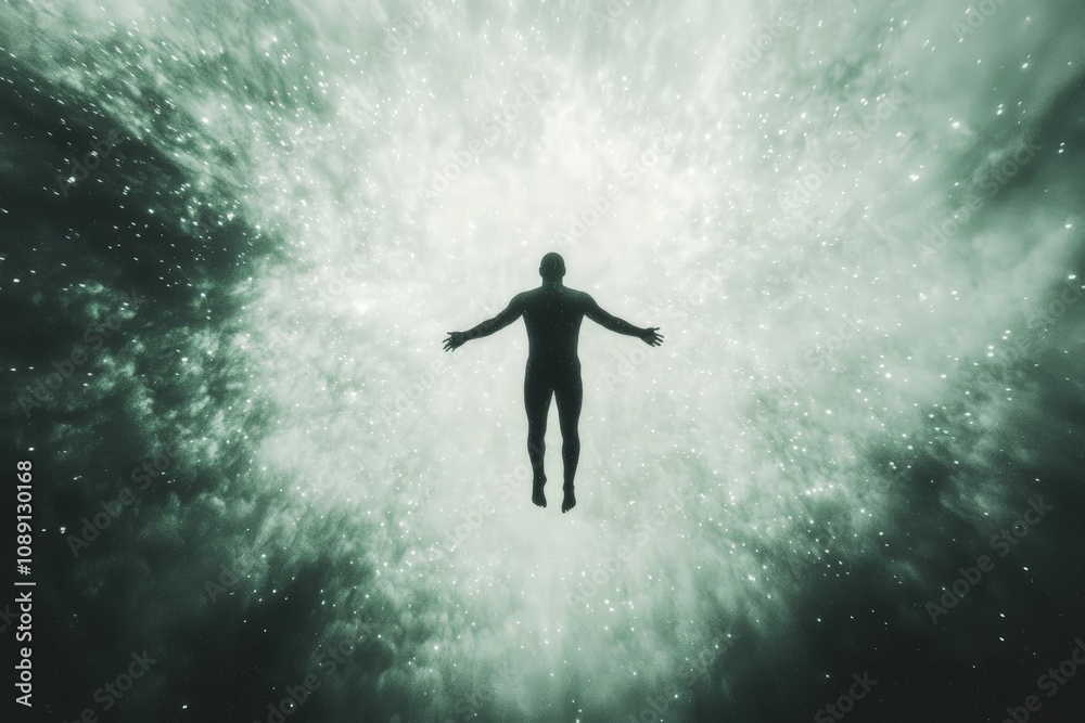 Man floats in ethereal green nebula Man floats in ethereal green nebula