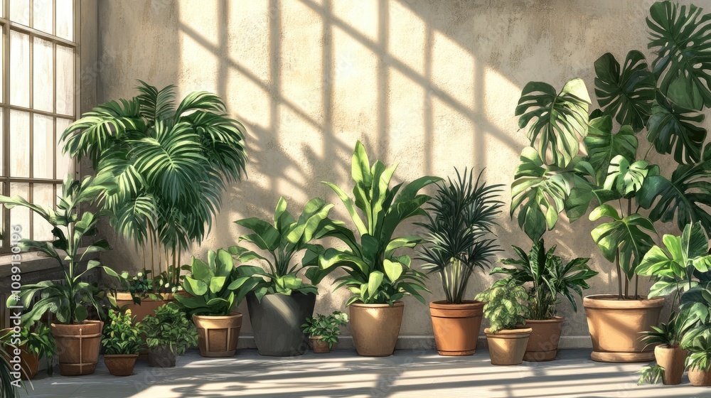 Fototapeta premium Lush indoor tropical plants in diverse pots, creating a vibrant urban jungle ambiance with sunlight casting shadows on the floor.