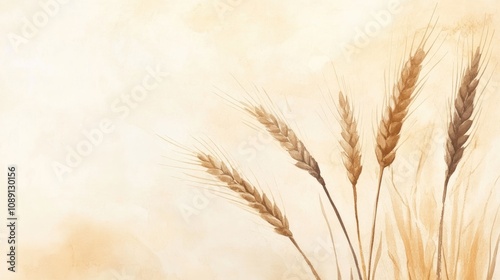 Elegant minimalist watercolor design showcasing ripe wheat ears against a soft light background, perfect for aesthetic templates and inspiration.