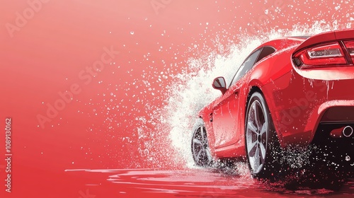 Vibrant car wash banner showcasing a red car being sprayed with water, emphasizing the rear wheel, with space for text on the right side.