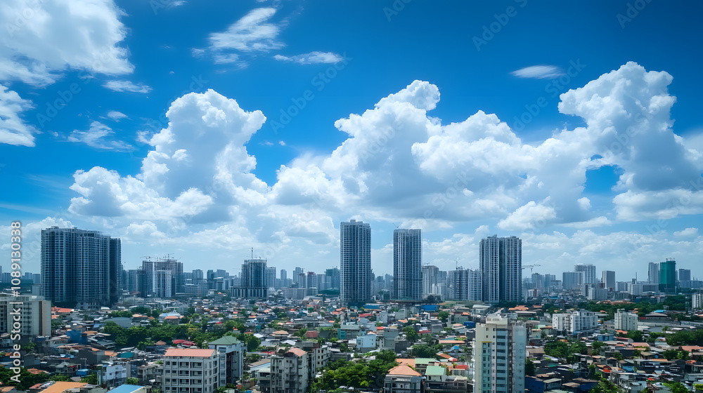 Cityscape under a bright blue sky with fluffy clouds. Cityscape under a bright blue sky with fluffy clouds.