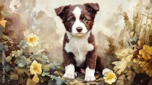 Charming brown and white Border Collie puppy sitting amidst vibrant flowers in a lush forest, exuding intelligence and endearment, perfect for banners.