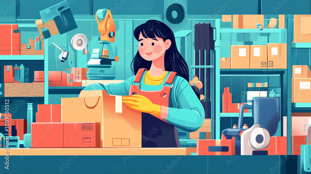 Woman organizing packages in a vibrant workshop Woman organizing packages in a vibrant workshop
