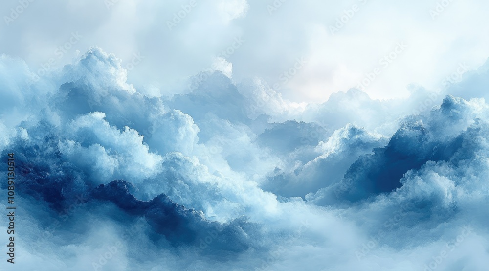 Panoramic view of a vast, ethereal cloudscape in shades of blue, resembling a sea of clouds with soft lighting and texture. Panoramic view of a vast, ethereal cloudscape in shades of blue, resembling a sea of clouds with soft lighting and texture.