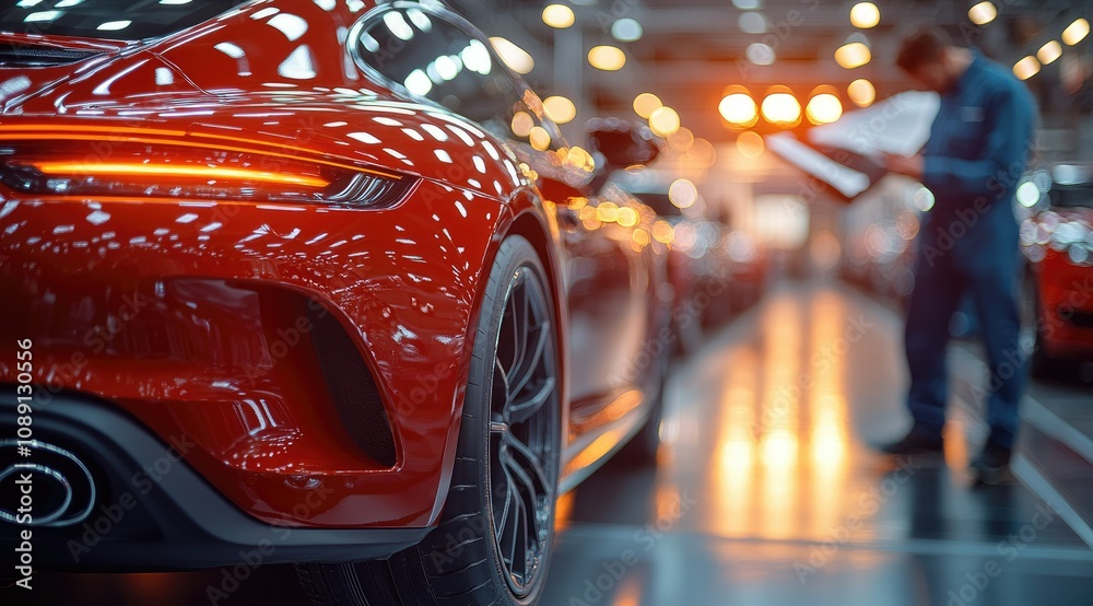 Red sports car on assembly line; worker inspecting. Red sports car on assembly line; worker inspecting.