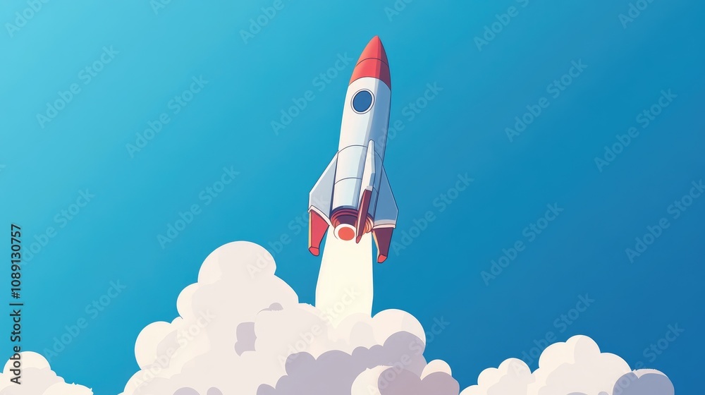 Fototapeta premium Rocket ascends majestically into a bright blue sky, leaving a trail of flames and smoke, embodying the start of an ambitious space mission.