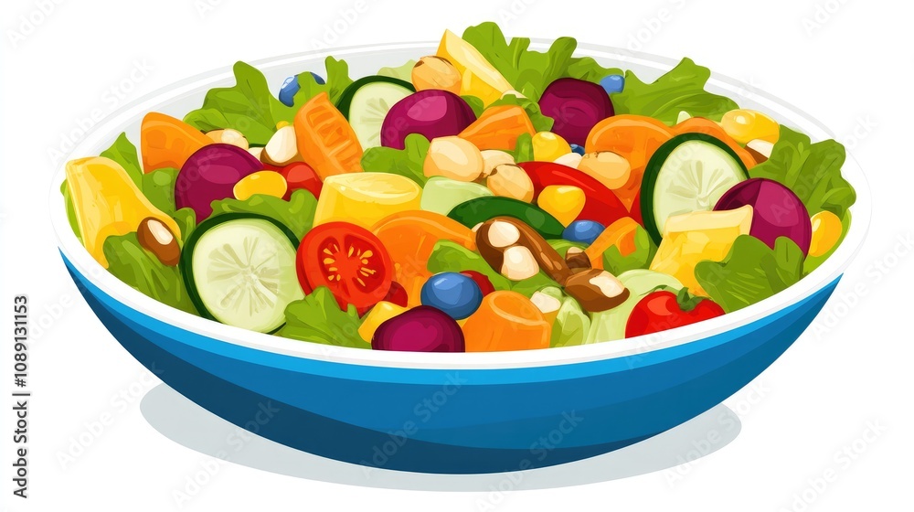 Vibrant salad bowl overflowing with fresh vegetables, nuts, and colorful fruits set against a clean white background, perfect for healthy eating promotions. Vibrant salad bowl overflowing with fresh vegetables, nuts, and colorful fruits set against a clean white background, perfect for healthy eating promotions.