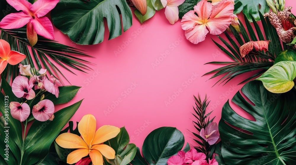Vibrant pink backdrop adorned with a variety of colorful tropical flowers and rich green leaves creating a lively, floral frame. Vibrant pink backdrop adorned with a variety of colorful tropical flowers and rich green leaves creating a lively, floral frame.