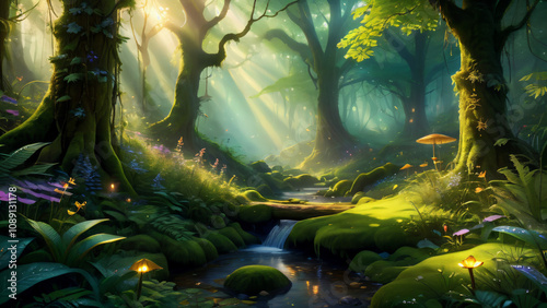 Mysteriöser Wald in dem die Sonne leicht durchscheint. KI Generated 