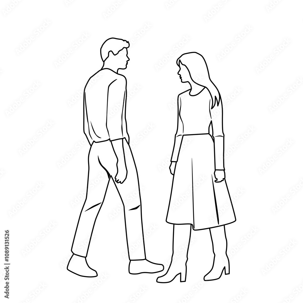 Vector silhouettes of man and woman, couple of standing business people, profile, hand draw, linear sketch, black and white color isolated on white background Vector silhouettes of man and woman, couple of standing business people, profile, hand draw, linear sketch, black and white color isolated on white background