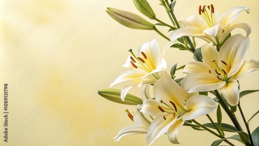 Obraz premium Delicate watercolor lilies in shades of white and yellow against a soft yellow background, garden scene, soft colors, watercolor painting