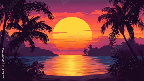 Vibrant sunset over calm sea with silhouetted palm trees framing the scene, reflecting shades of orange, pink, and purple across the water.