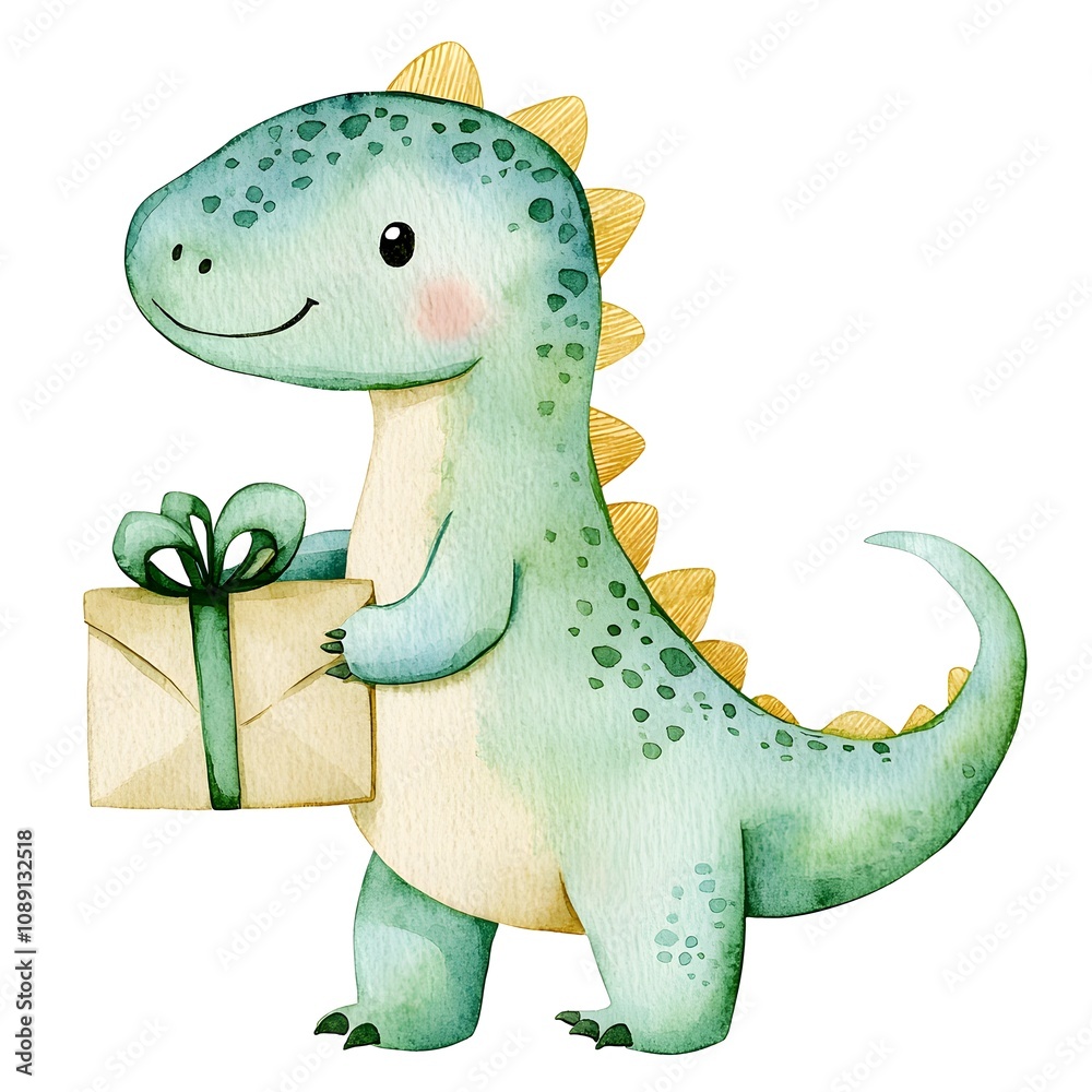 Fototapeta premium Cute Dinosaur Holding Gift Watercolor Illustration Cartoon Childish Adorable 