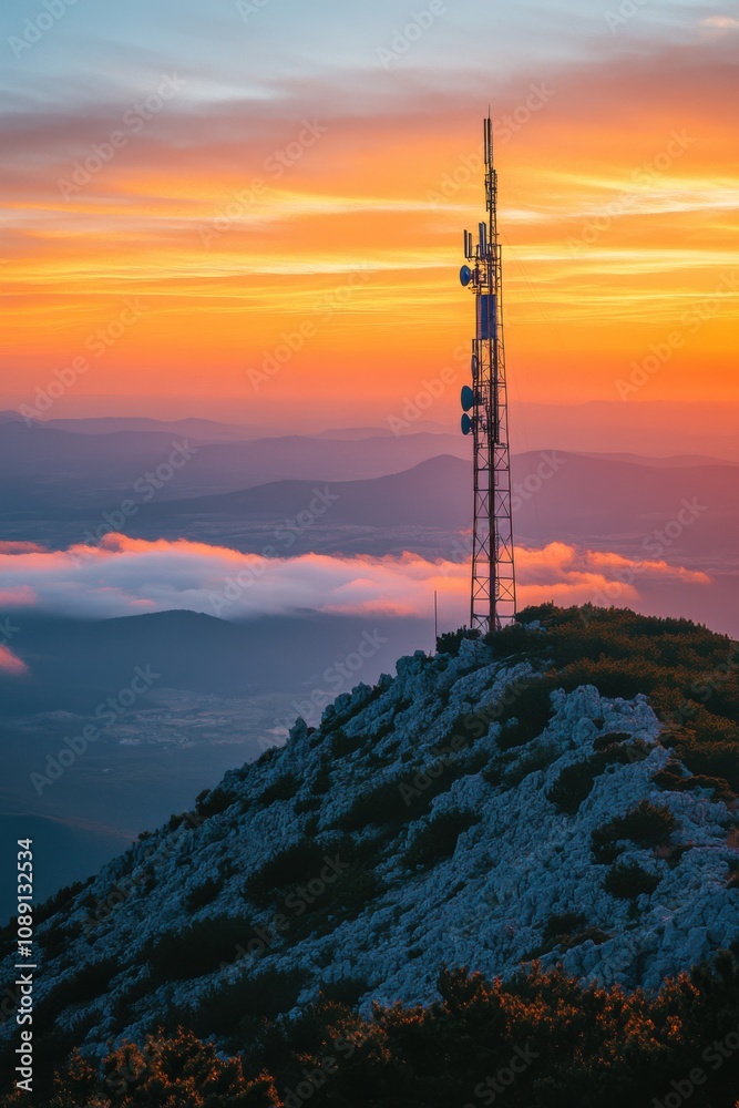 Obraz premium A communication tower stands atop a rocky mountain, glowing in the vibrant colors of a sunset, surrounded by wispy clouds and distant hills.