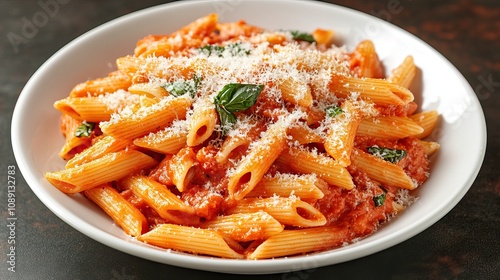 Enjoy a hearty plate of penne alla arrabiata topped with fresh basil and grated parmesan cheese on a dark table setting