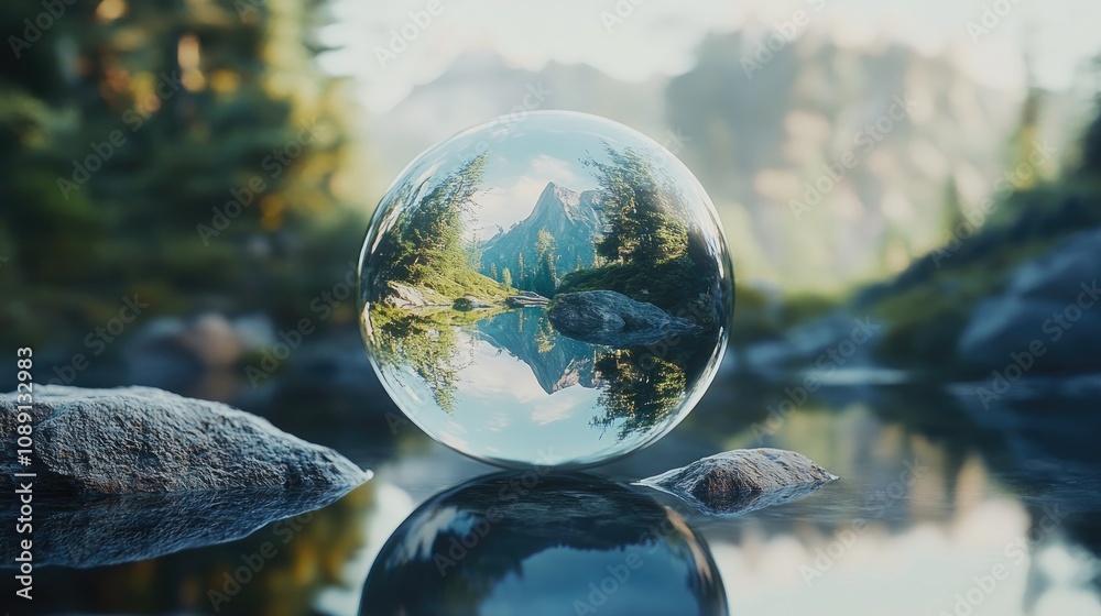 Landscape reflection captured in a crystal glass sphere with a close-up view, showcasing bokeh blur against a serene natural backdrop. Landscape reflection captured in a crystal glass sphere with a close-up view, showcasing bokeh blur against a serene natural backdrop.