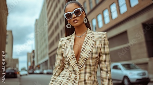 A fashionable woman strides confidently along a city street, showcasing her trendy plaid outfit and chic accessories under a cloudy sky
