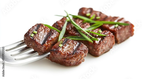Delicious grilled precooked smoked beef sausage pieces are skewered on a fork, garnished with fresh herbs, showcasing tempting textures